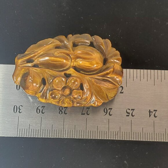 Vintage Hand-Carved Tiger’s Eye Stone • Floral Fruit Motif • Ready for Pendant S - Picture 10 of 11